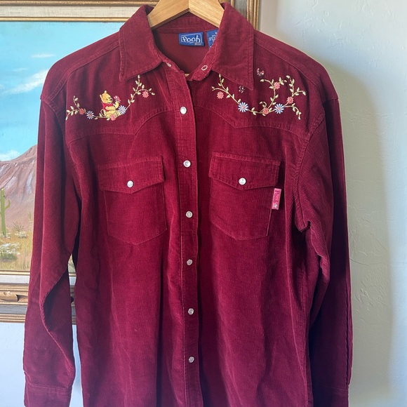 Disney Pooh Red Button Down Shirt with Floral Embroidery - Picture 1 of 5